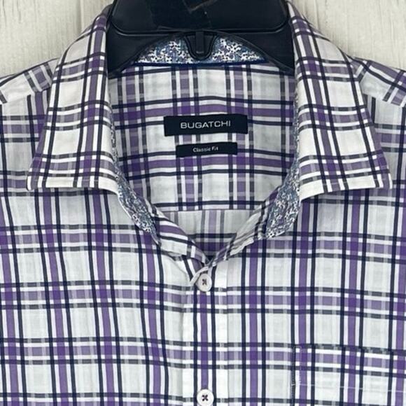Bugatchi shirt men’s XL Classic fit flip contrast cuffs Purple/blue print - Picture 2 of 6